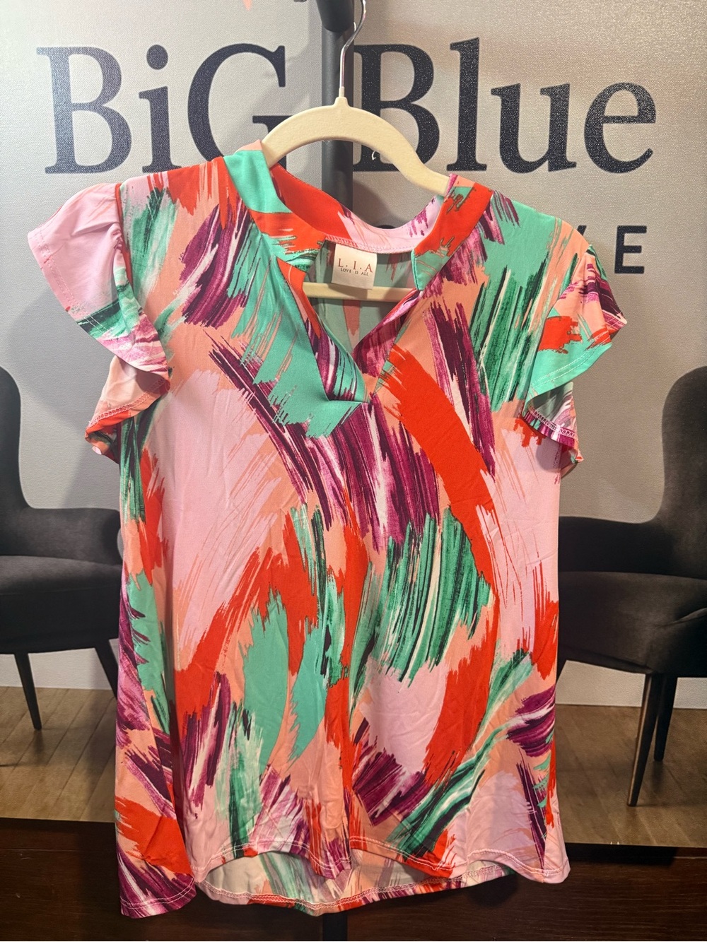 L.I.A. Brushstroke Print Flutter Sleeve Top - Pink Multi